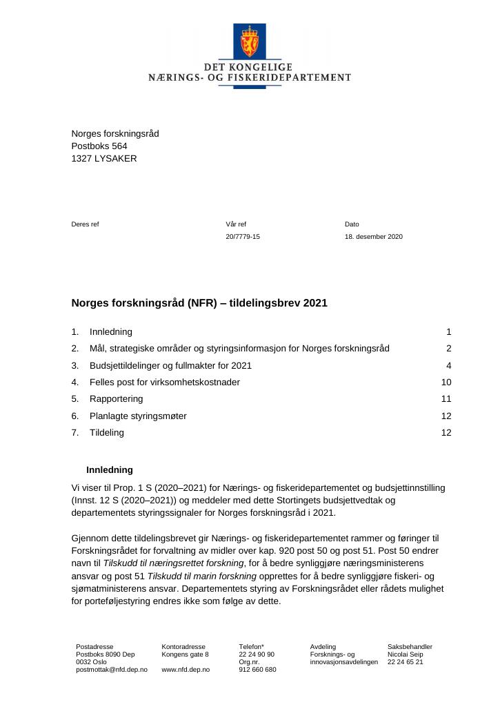 Forsiden av dokumentet Tildelingsbrev Norges forskningsråd 2021