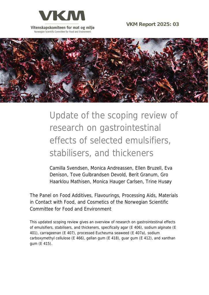Forsiden av dokumentet Update of the scoping review of research on gastrointestinal effects of selected emulsifiers, stabilisers, and thickeners