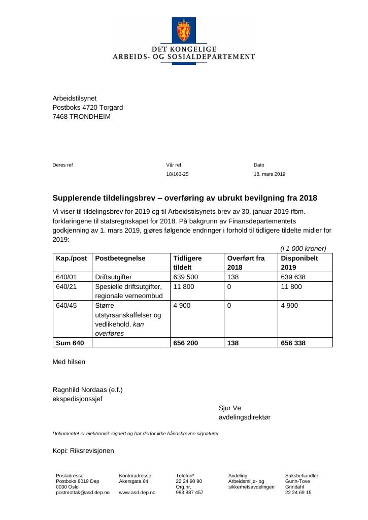 Forsiden av dokumentet Tildelingsbrev Arbeidstilsynet 2018 - tillegg nr. 2