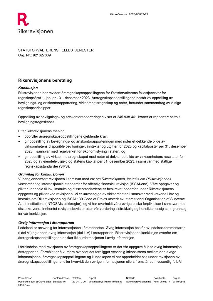 Forsiden av dokumentet Revisjonsberetning for Statsforvalterens fellestjenester (pdf) 2023