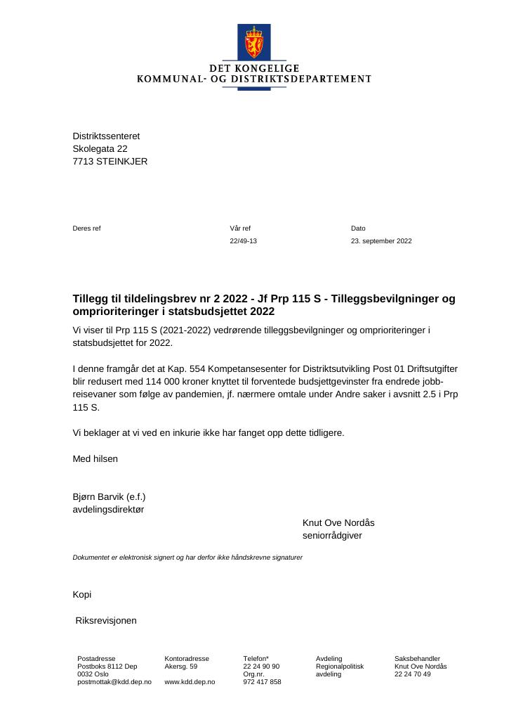 Forsiden av dokumentet Tildelingsbrev Distriktssenteret 2022 - tillegg nr. 2