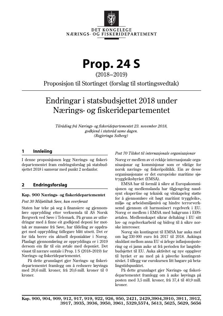 Forsiden av dokumentet Prop. 24 S (2018–2019)