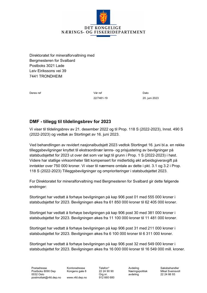 Forsiden av dokumentet Tildelingsbrev Direktoratet for mineralforvaltning 2023 - tillegg