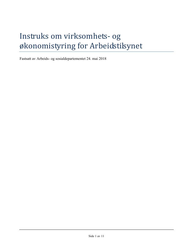 Forsiden av dokumentet Instruks om virksomhets- og økonomistyring for Arbeidstilsynet (PDF)