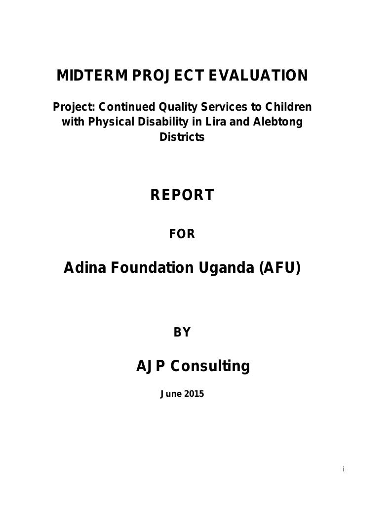 Forsiden av dokumentet Midterm Project Evaluation (MTE) for "Continued Quality Services to Children with Physical Disability in Lira and Alebtong"