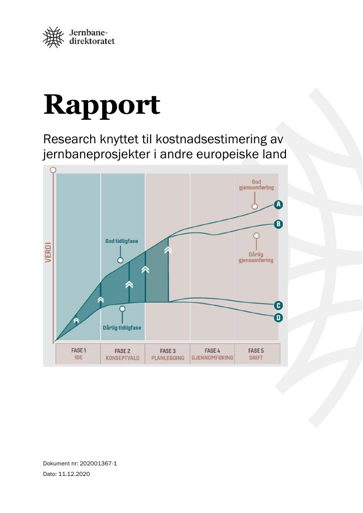 Forsiden av dokumentet Research knyttet til kostnadsestimering av 
jernbaneprosjekter i andre europeiske land
