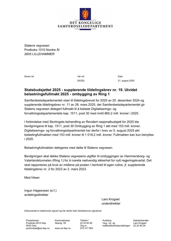 Forsiden av dokumentet Tildelingsbrev Statens vegvesen 2025 - tillegg nr. 19