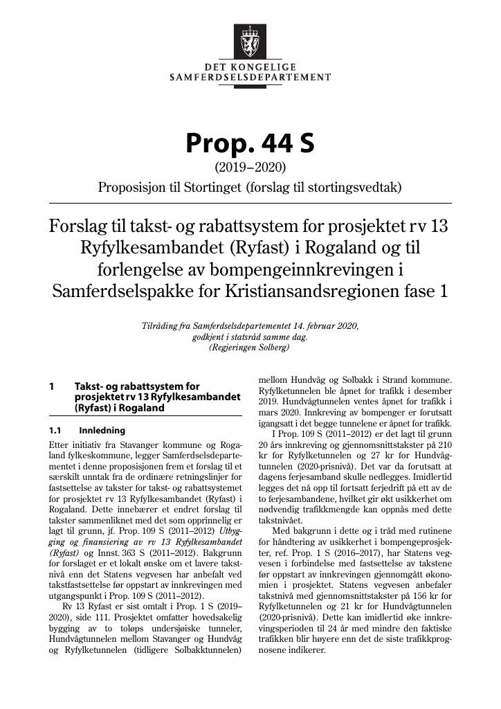 Forsiden av dokumentet Prop. 44 S (2019–2020)