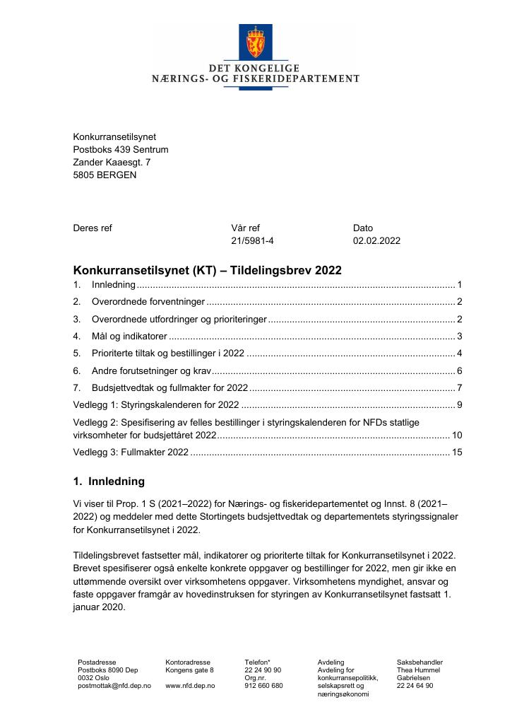 Forsiden av dokumentet Tildelingsbrev Konkurransetilsynet 2022