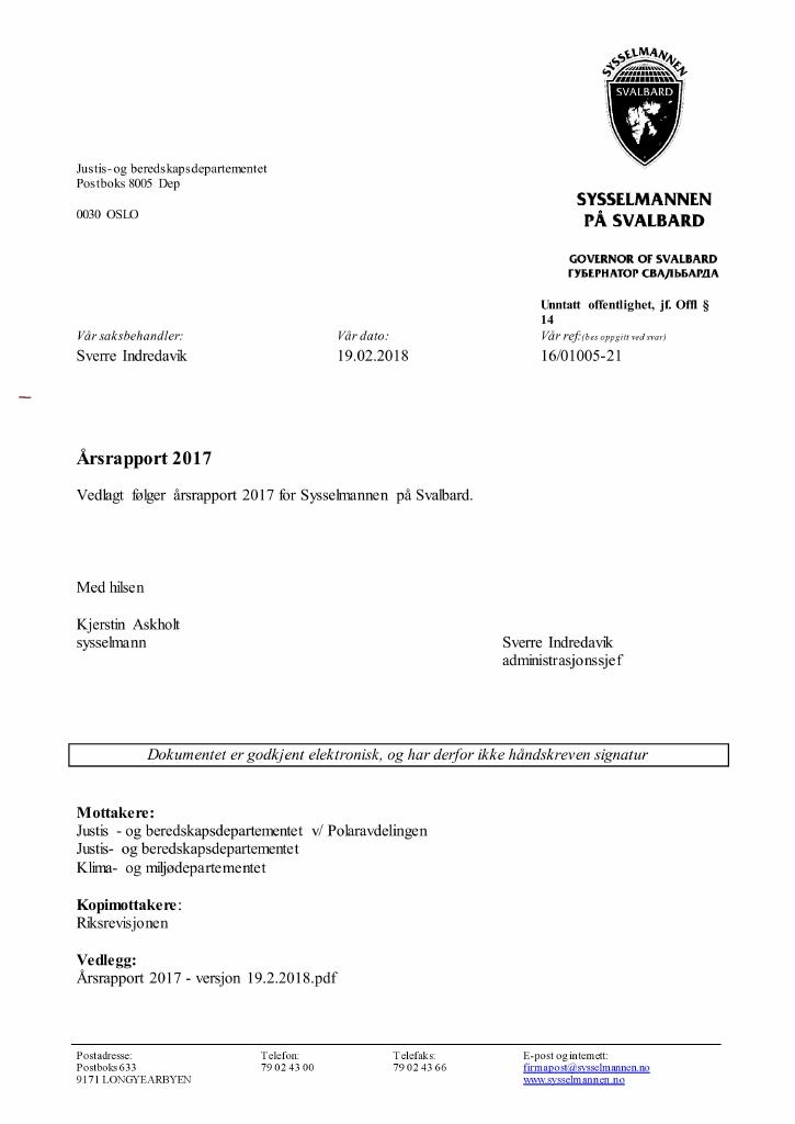 Forsiden av dokumentet Årsrapport Sysselmesteren på Svalbard 2017