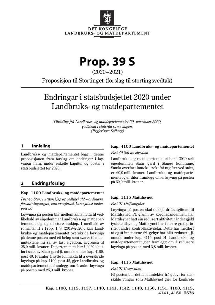 Forsiden av dokumentet Prop. 39 S (2020–2021)