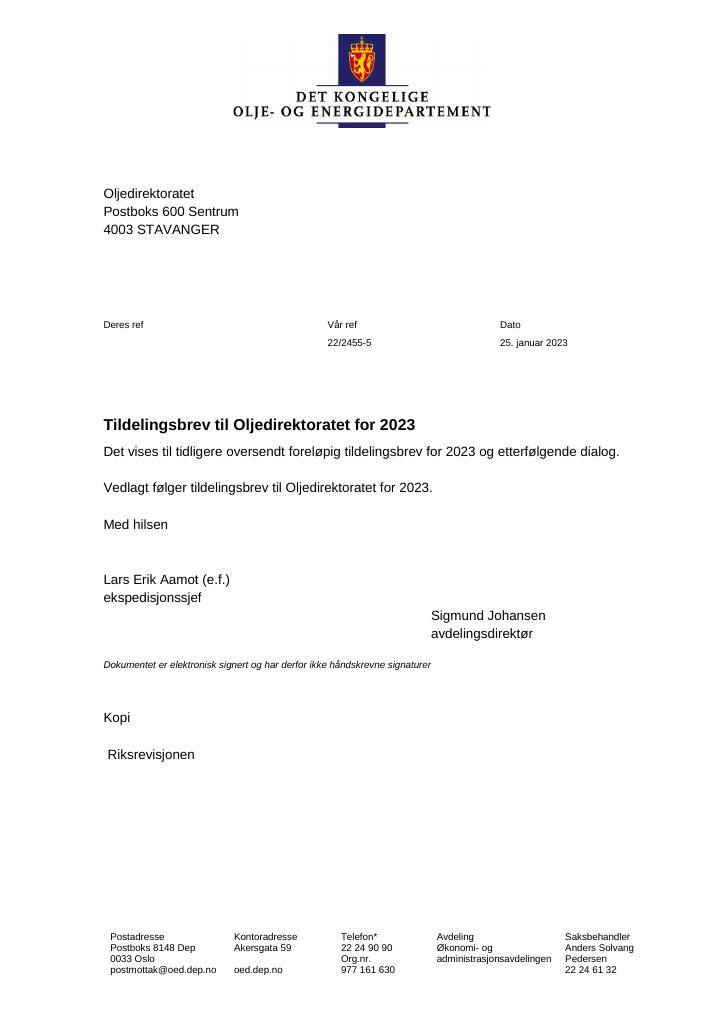 Forsiden av dokumentet Tildelingsbrev Oljedirektoratet 2023