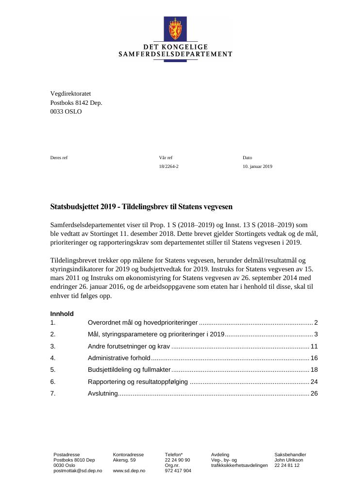 Forsiden av dokumentet Tildelingsbrev Statens vegvesen 2019