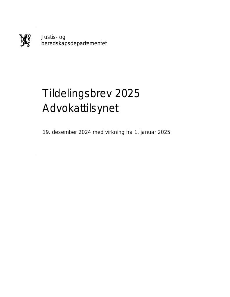 Forsiden av dokumentet Tildelingsbrev Tilsynsrådet for advokatvirksomhet 2025