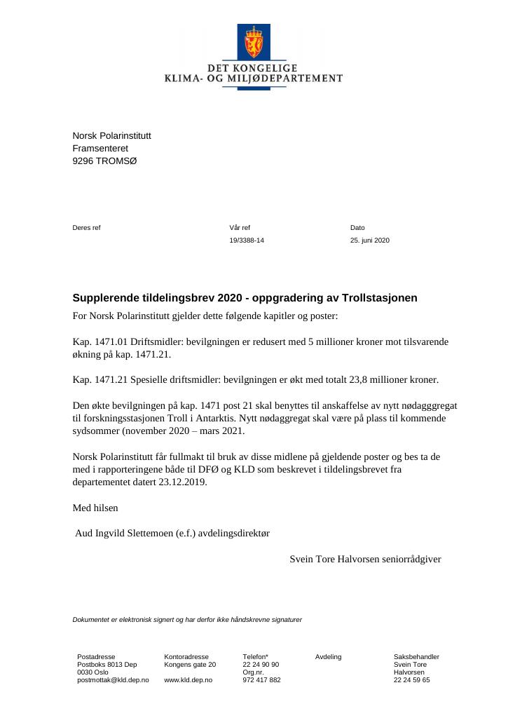 Forsiden av dokumentet Supplerende tildelingsbrev Norsk Polarinstitutt 2020