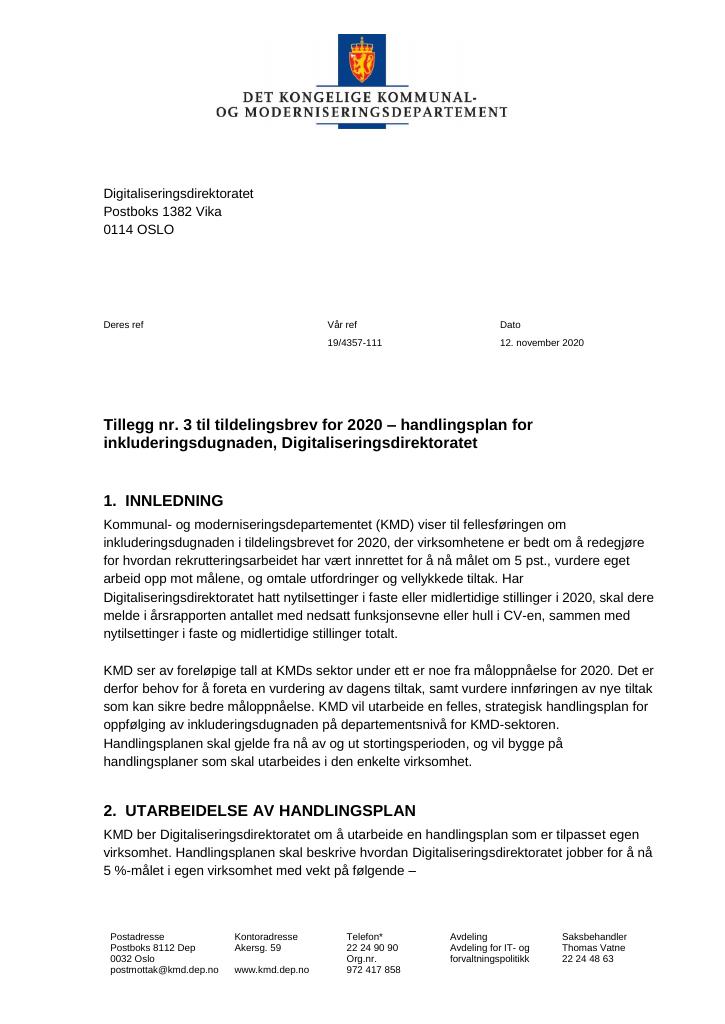 Forsiden av dokumentet Tildelingsbrev Digitaliseringsdirektoratet 2020 - tillegg nr. 3