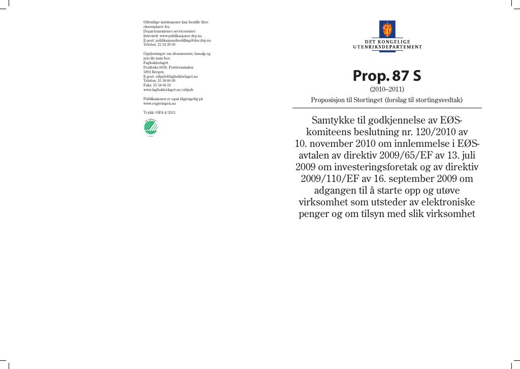 Forsiden av dokumentet Prop. 87 S (2010–2011)