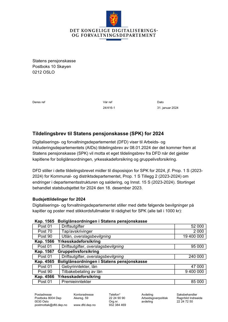 Forsiden av dokumentet Tildelingsbrev 2024.pdf