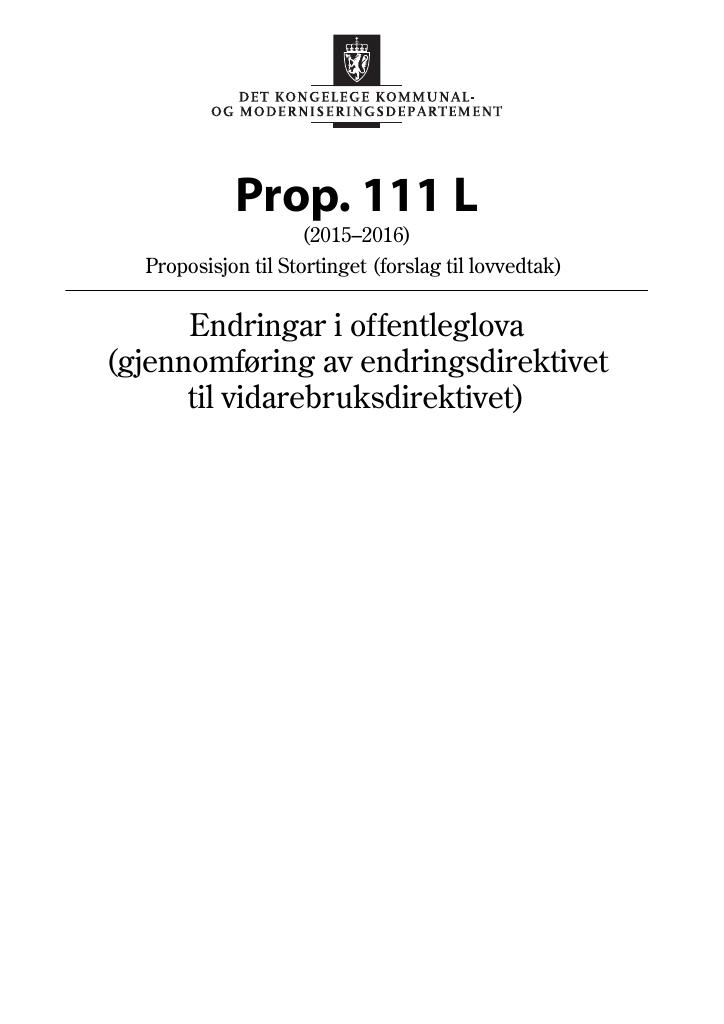 Forsiden av dokumentet Prop. 111 L (2015–2016)
