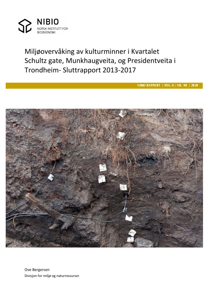 Forsiden av dokumentet Miljøovervåking av kulturminner i Kvartalet Schultz gate, Munkhaugveita, og Presidentveita i Trondheim : sluttrapport 2013 - 2017