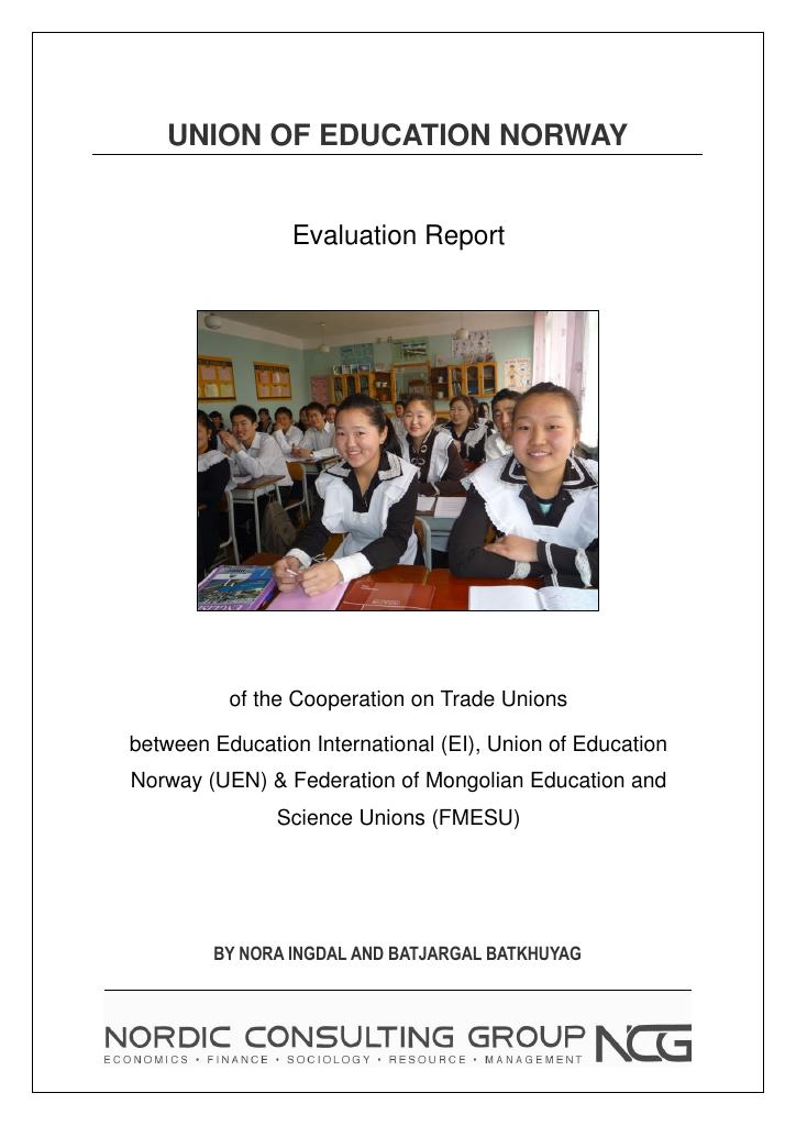 Forsiden av dokumentet Evaluation Report of the Cooperation on Trade Unions between Education International, Union of Education Norway & Federation of Mongolian Education and Science Unions