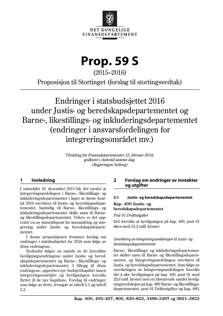 Forsiden av dokumentet Prop. 59 S (2015–2016)