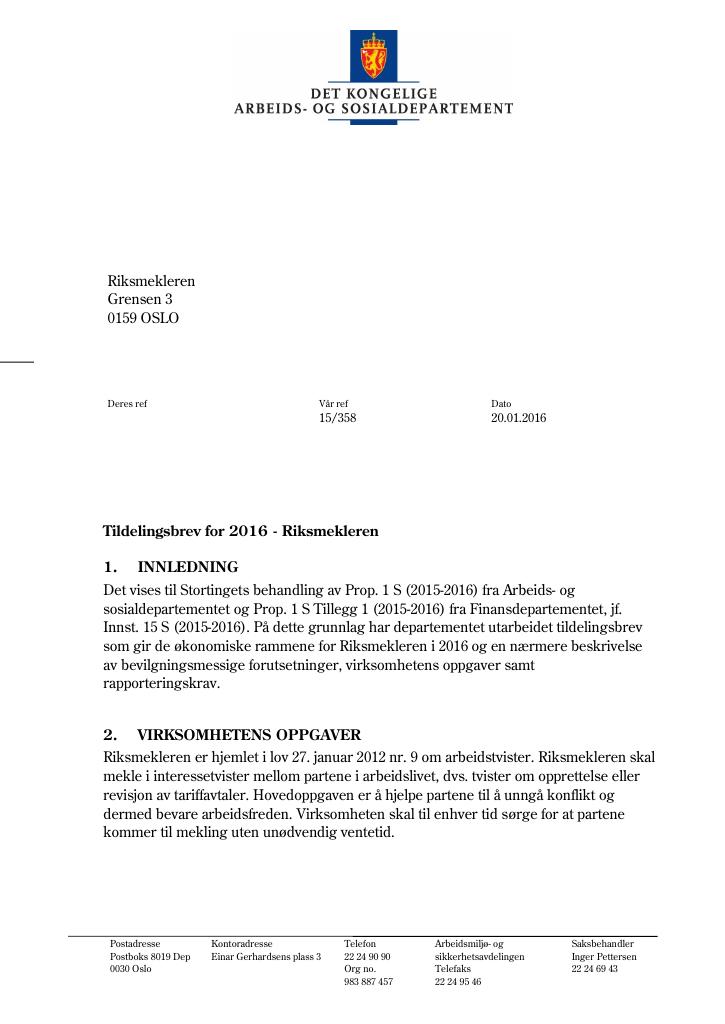 Forsiden av dokumentet Tildelingsbrev (PDF)