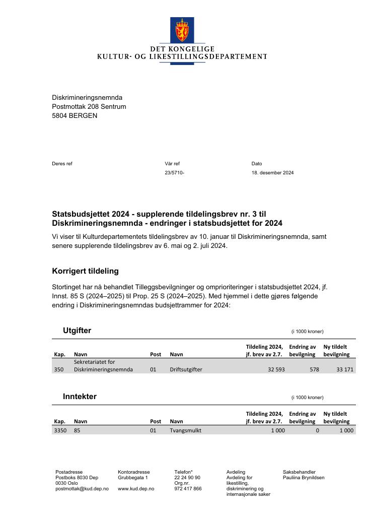 Forsiden av dokumentet Tildelingsbrev Diskrimineringsnemnda 2024 - tillegg nr. 3