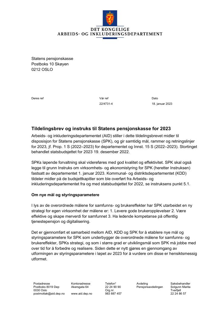 Forsiden av dokumentet Tildelingsbrev Statens pensjonskasse 2023