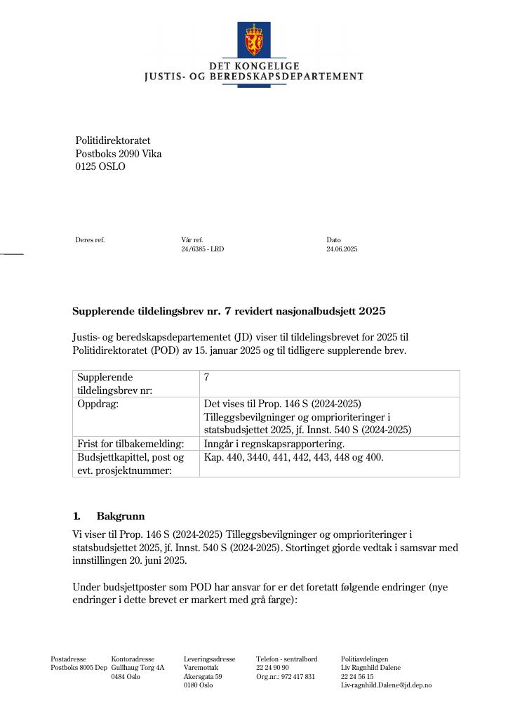 Forsiden av dokumentet Tildelingsbrev Politiet 2025 - tillegg nr. 7