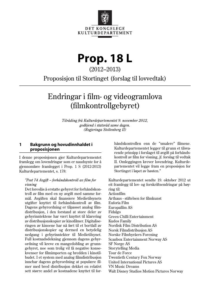 Forsiden av dokumentet Prop. 18 L (2012–2013)