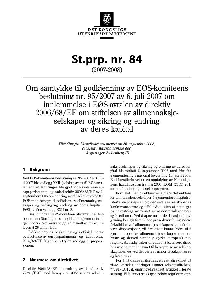 Forsiden av dokumentet St.prp. nr. 84 (2007-2008)