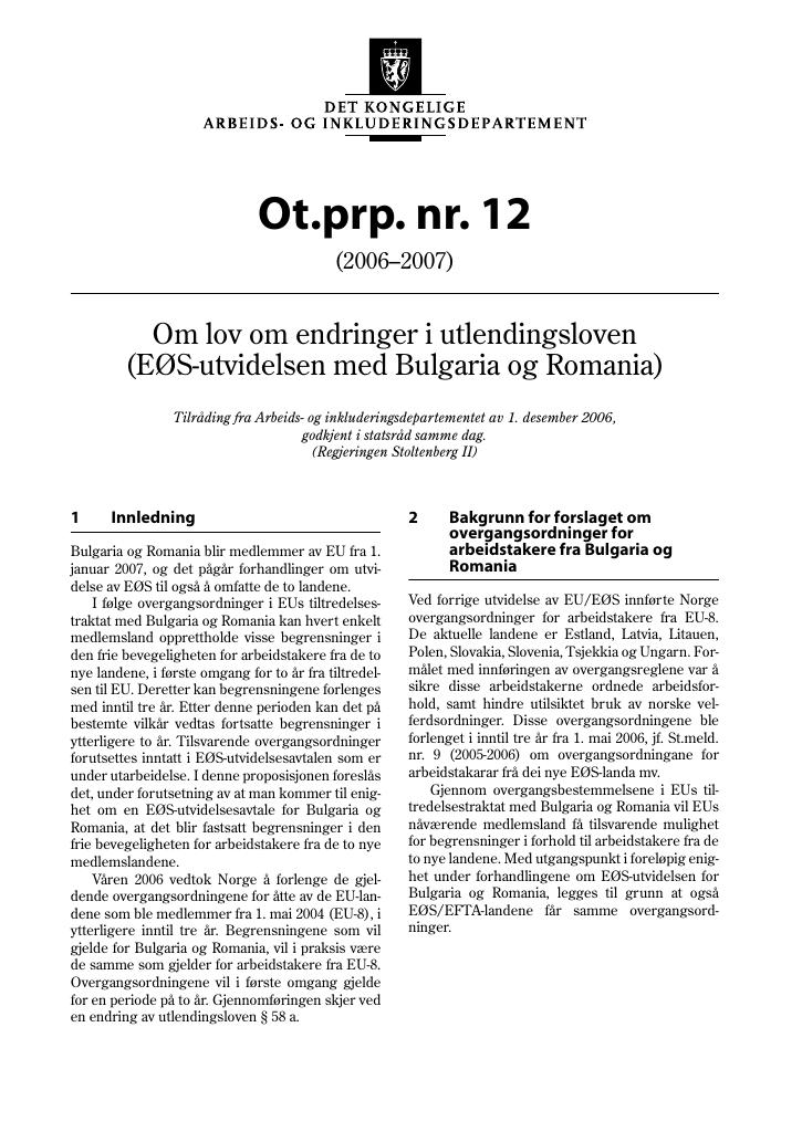 Forsiden av dokumentet Ot.prp. nr. 12 (2006-2007)