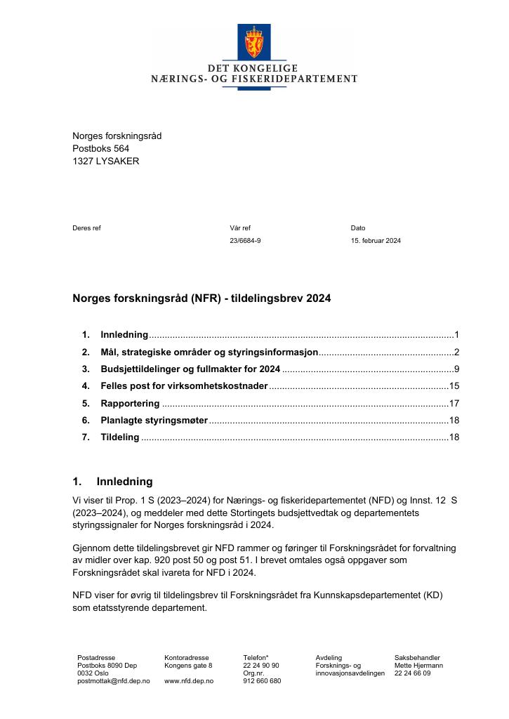 Forsiden av dokumentet Tildelingsbrev Norges forskningsråd 2024