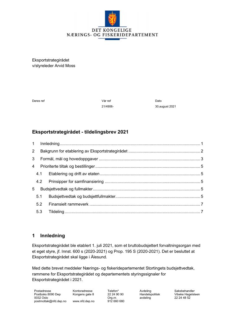Forsiden av dokumentet Tildelingsbrev eksportstrategirådet 2021