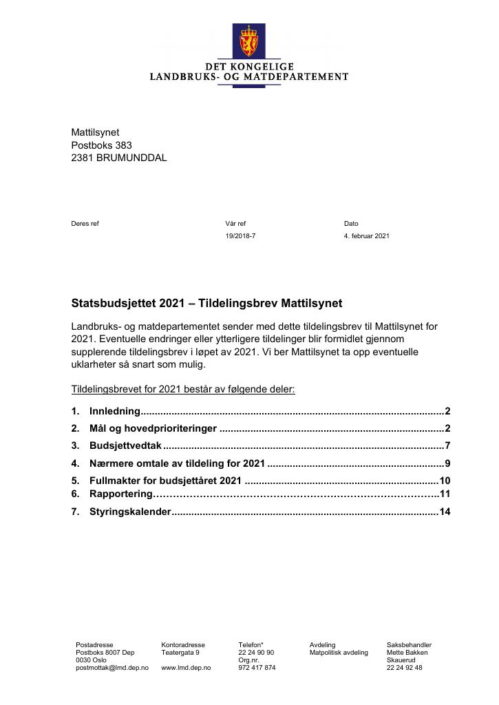 Forsiden av dokumentet Tildelingsbrev Mattilsynet 2021