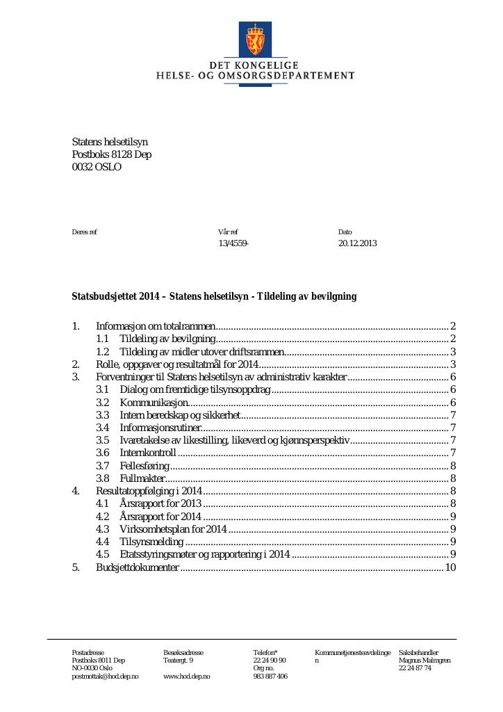 Forsiden av dokumentet Tildelingsbrev (pdf)