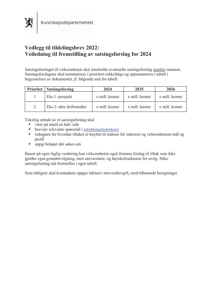 Forsiden av dokumentet Tildelingsbrev Sikt 2022 - vedlegg