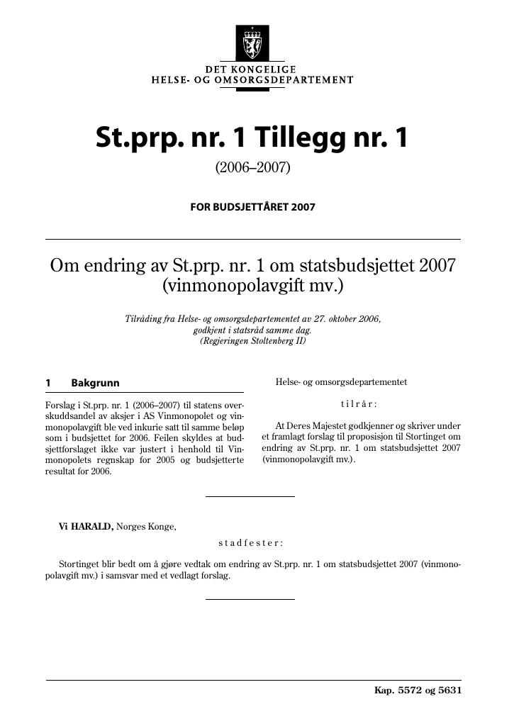 Forsiden av dokumentet St.prp nr. 1 Tillegg nr. 1 (2006-2007)