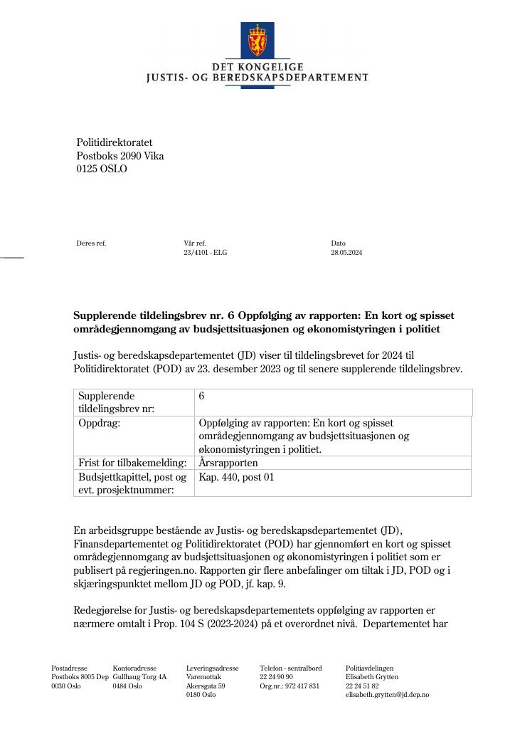 Forsiden av dokumentet Tildelingsbrev Politiet 2024 - tillegg nr. 6