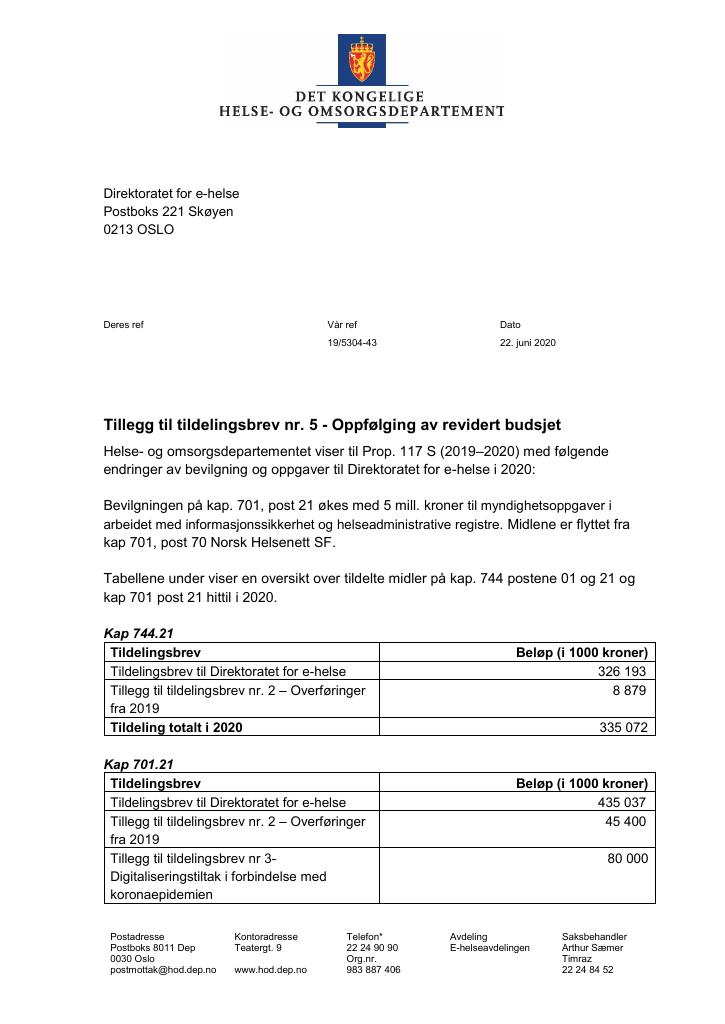 Forsiden av dokumentet Tildelingsbrev Direktoratet for e-helse 2020 - nr. 5