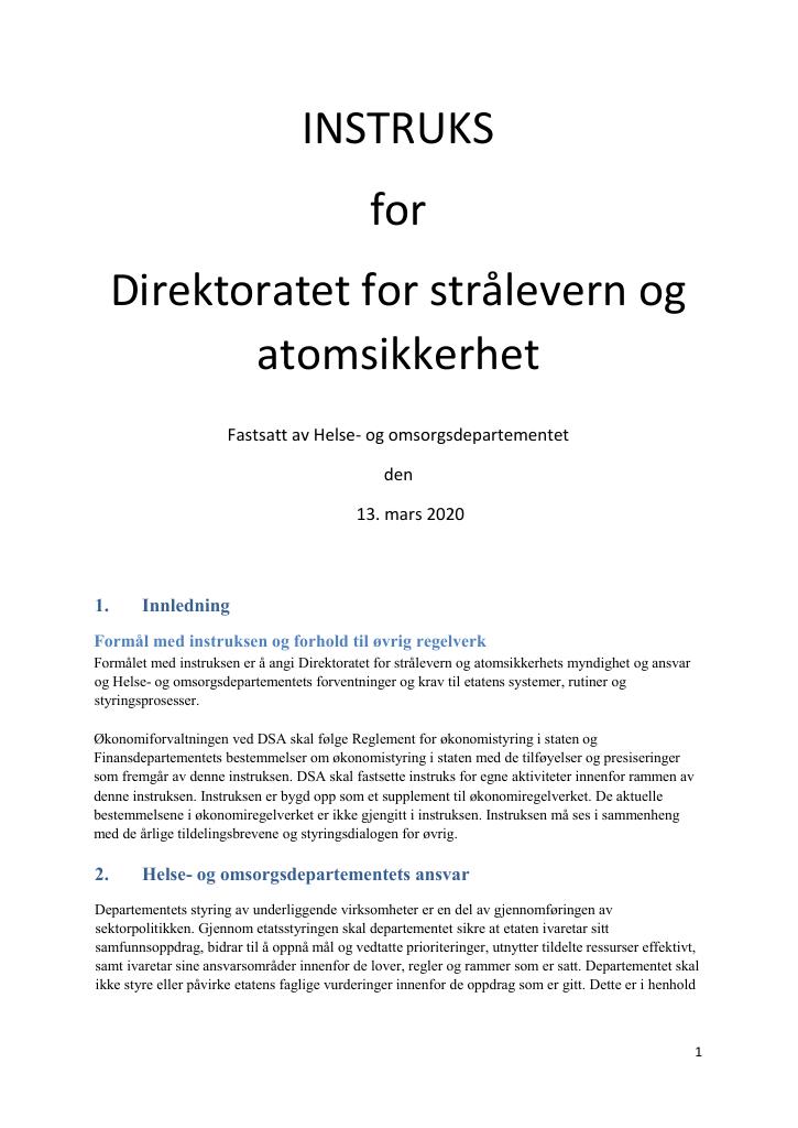 Forsiden av dokumentet Instruks Direktoratet for strålevern og atomsikkerhet 2020