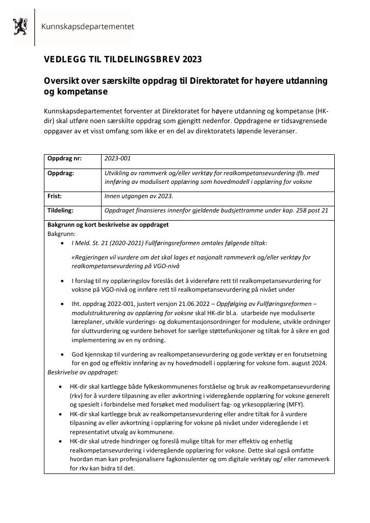 Forsiden av dokumentet Tildelingsbrev Direktoratet for høyere utdanning og kompetanse 2023 - vedlegg