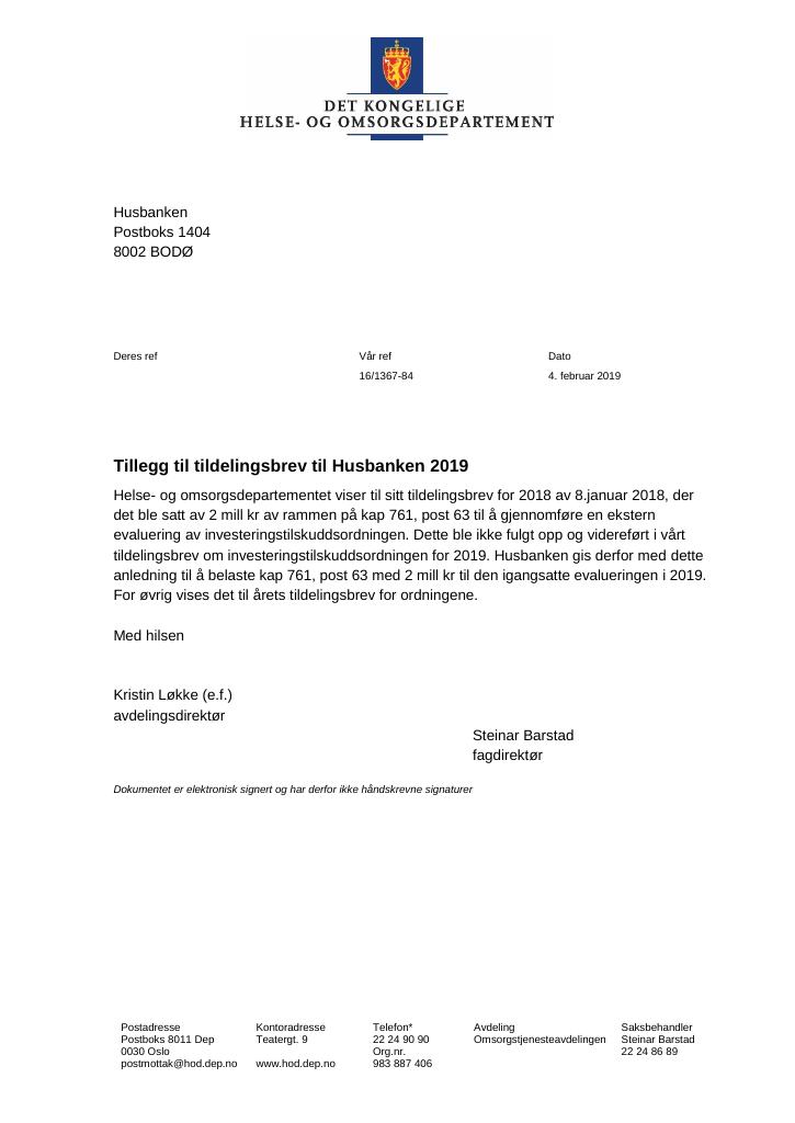 Forsiden av dokumentet Tildelingsbrev Husbanken 2019 - tillegg nr. 1