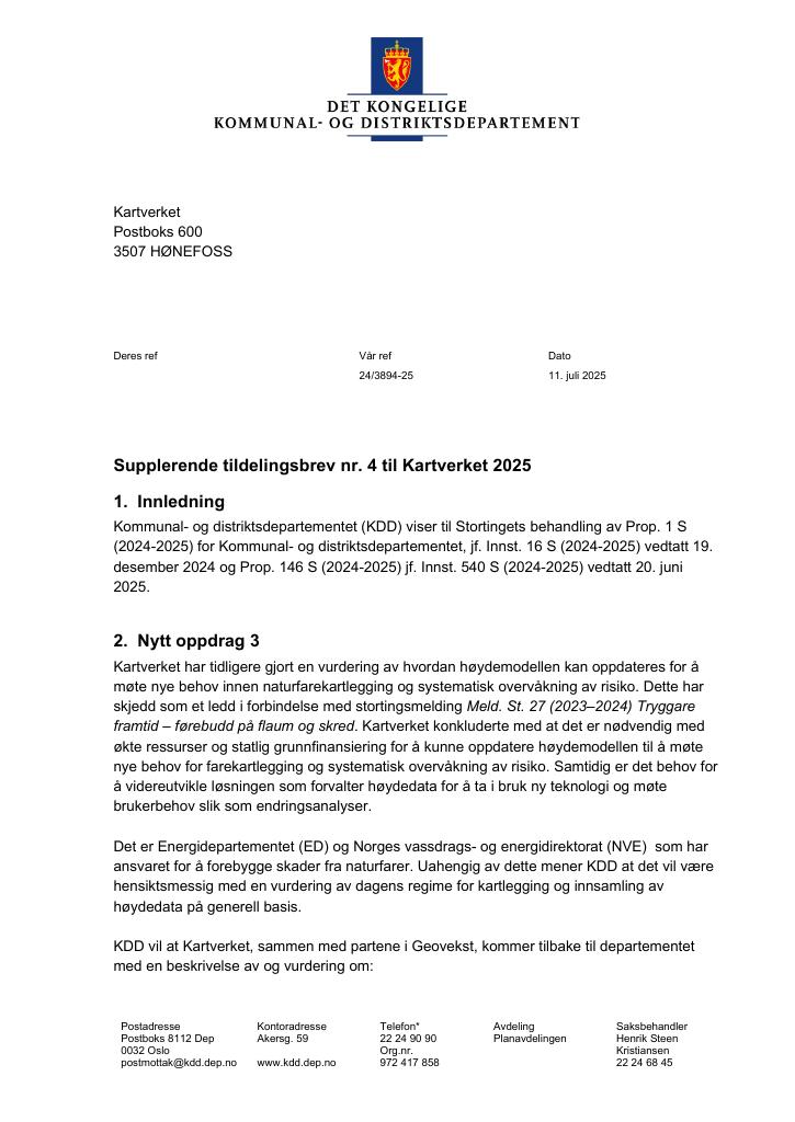 Forsiden av dokumentet Tildelingsbrev Kartverket 2025 - tillegg nr. 4