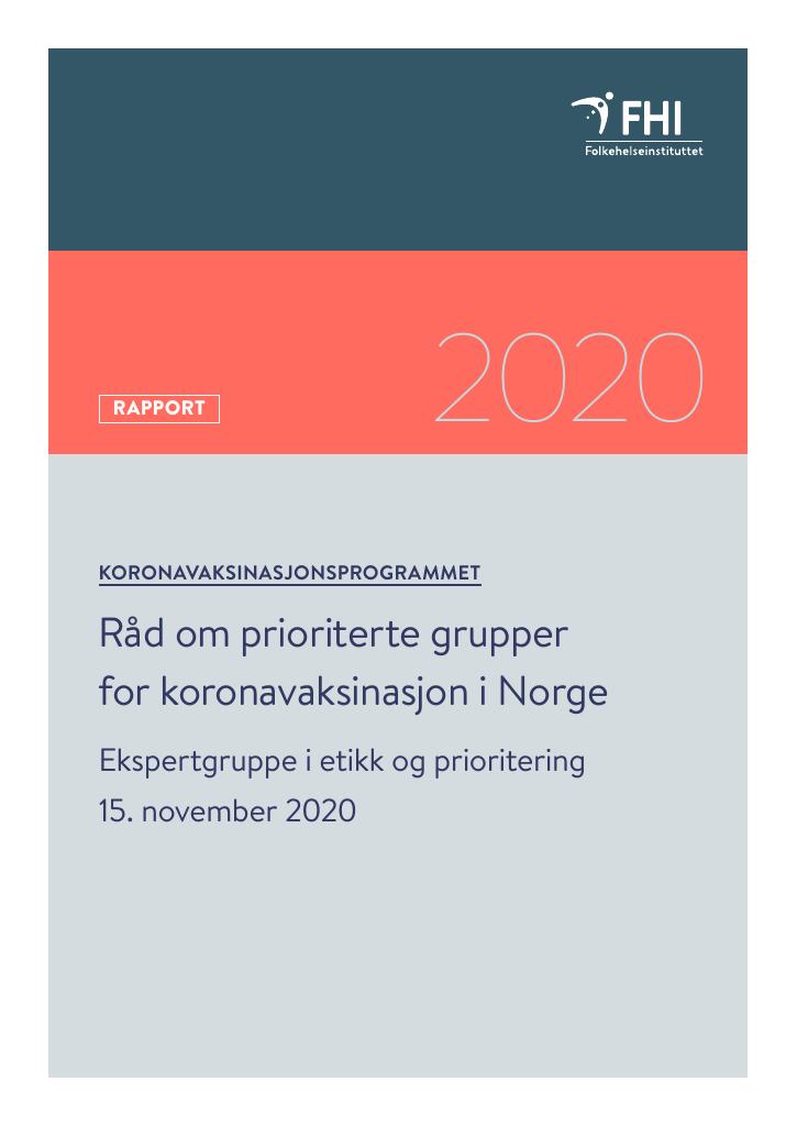 Forsiden av dokumentet Koronavaksinasjonsprogrammet : Råd om prioriterte grupper for koronavaksinasjon i Norge (etikkrapport)