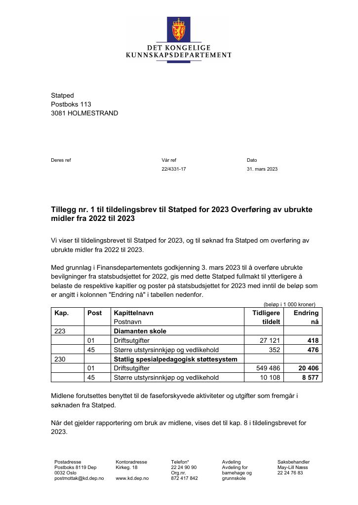 Forsiden av dokumentet Tildelingsbrev Statped 2024 - tillegg