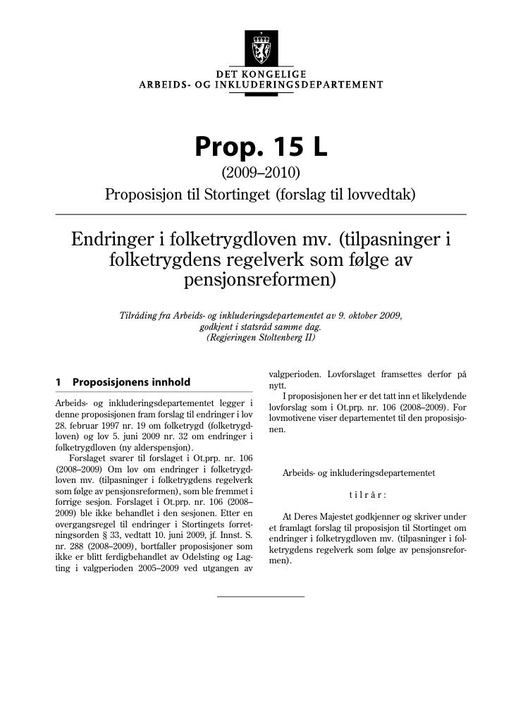 Forsiden av dokumentet Prop. 15 L (2009-2010)