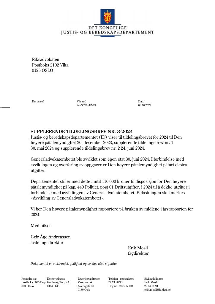 Forsiden av dokumentet Tildelingsbrev Riksadvokaten (Den høyere påtalemyndighet) 2024 - tillegg nr. 3