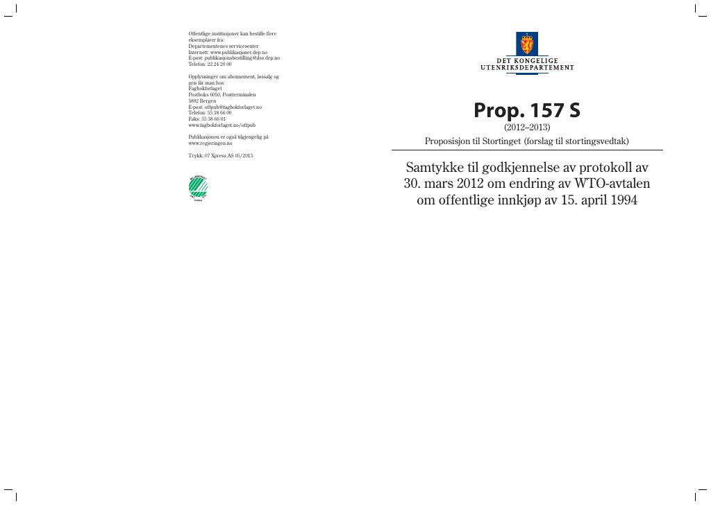 Forsiden av dokumentet Prop. 157 S (2012-2013)